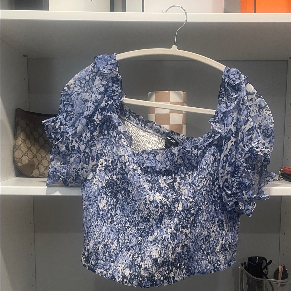 Express Blue and White Patterned Blouse